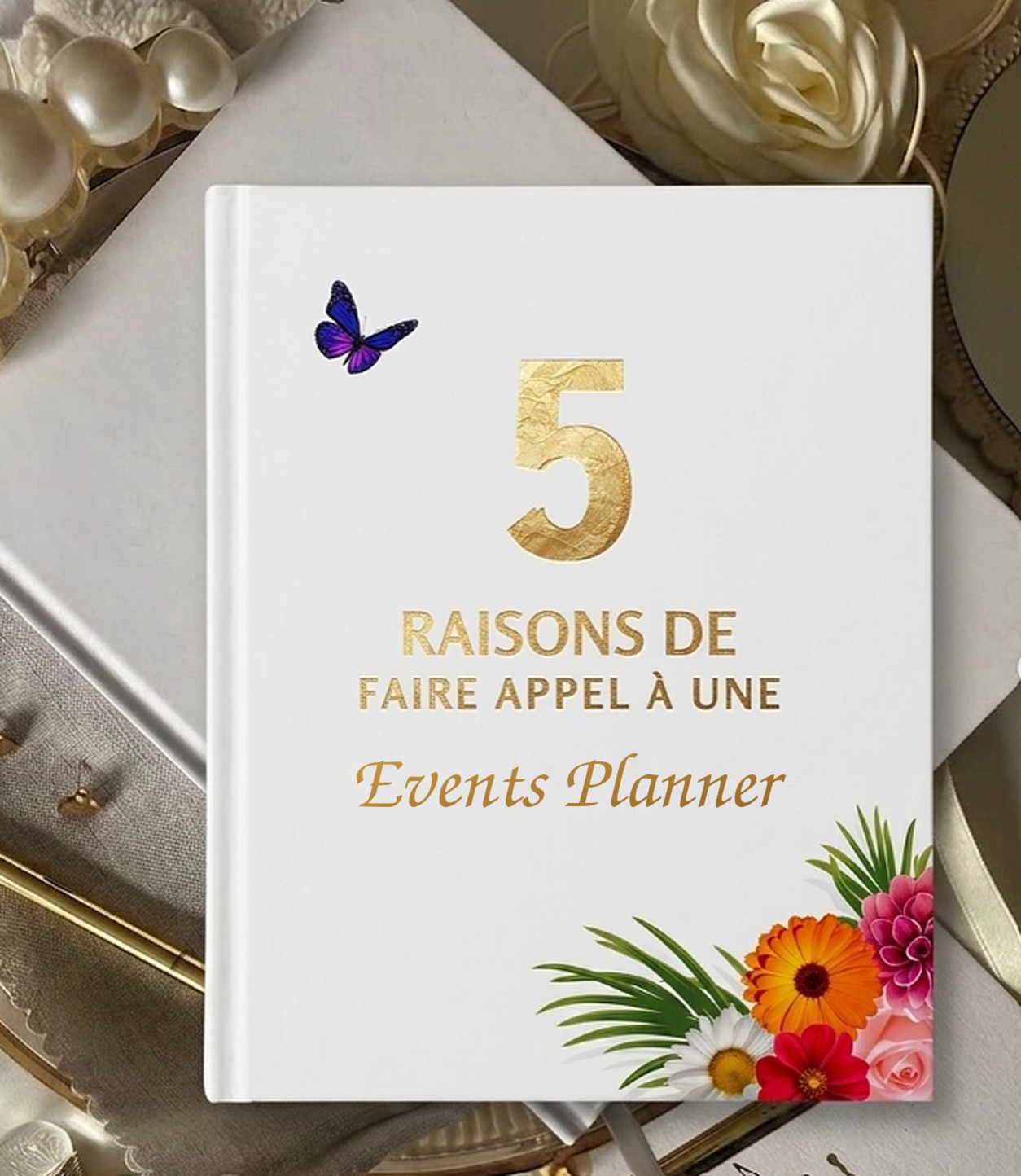 Cover of “5 reasons to hire a Wedding Planner”, white paper with colourful flowers
